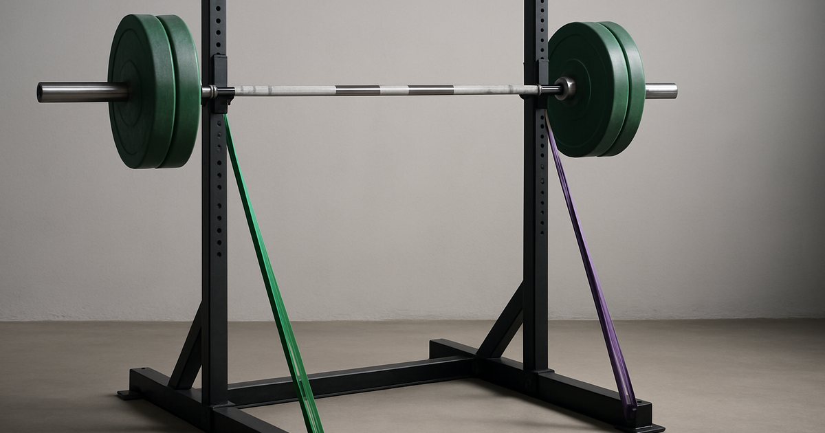 Barbell in a power rack with green and purple loop resistance bands attached from the sleeves to the rack base for band tension squats