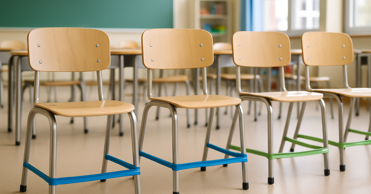 Classroom chairs fitted with colorful elastic chair kick bands stretched between the front legs