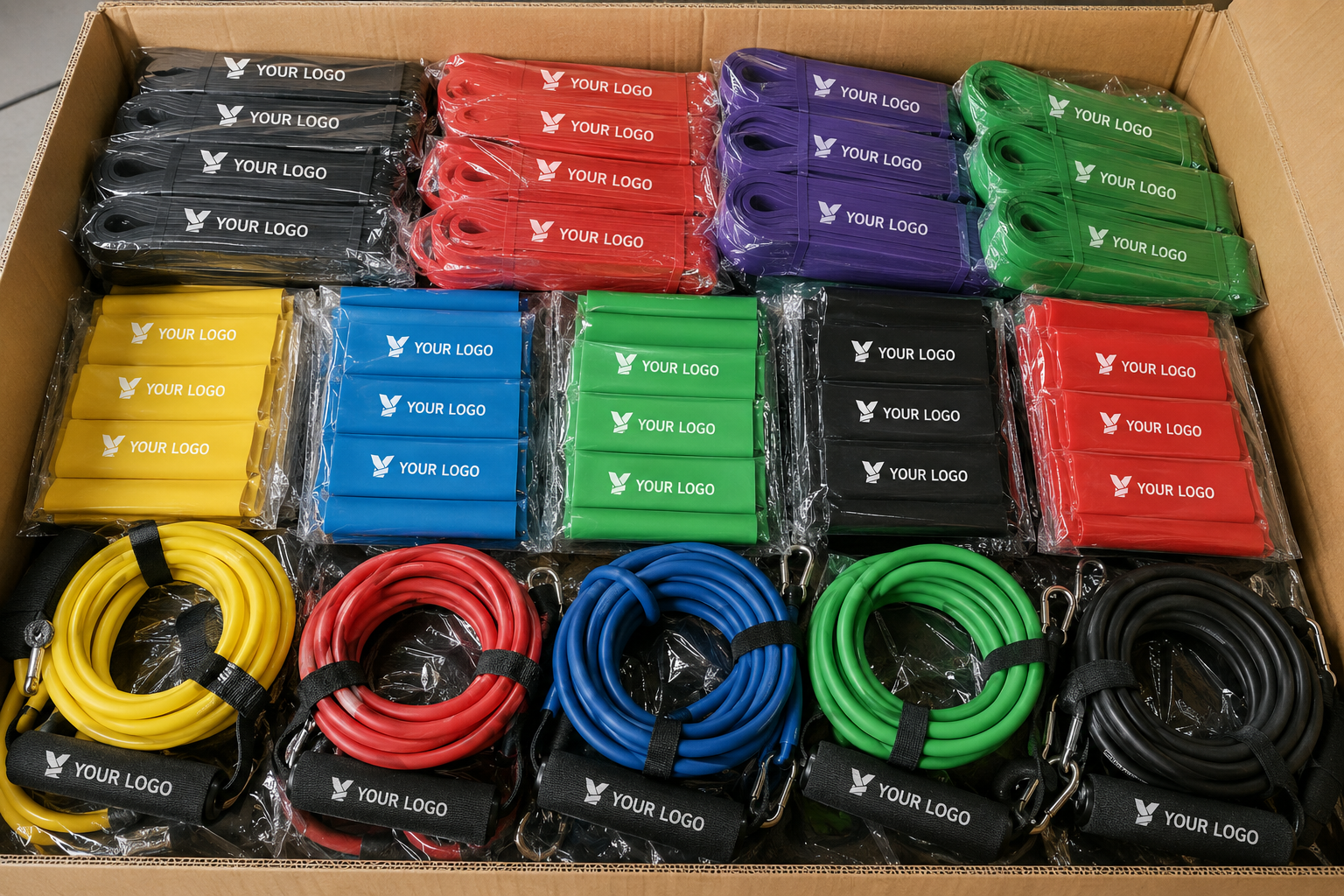 Bulk exercise bands in wholesale quantities — colorful resistance bands packed in shipping carton