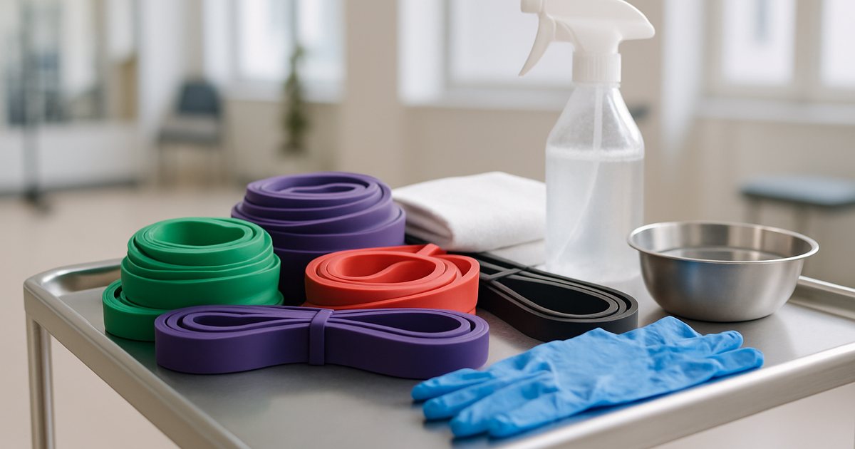 TPE resistance bands on a clinic cart with mild soap spray, microfiber cloth and gloves for cleaning and disinfection