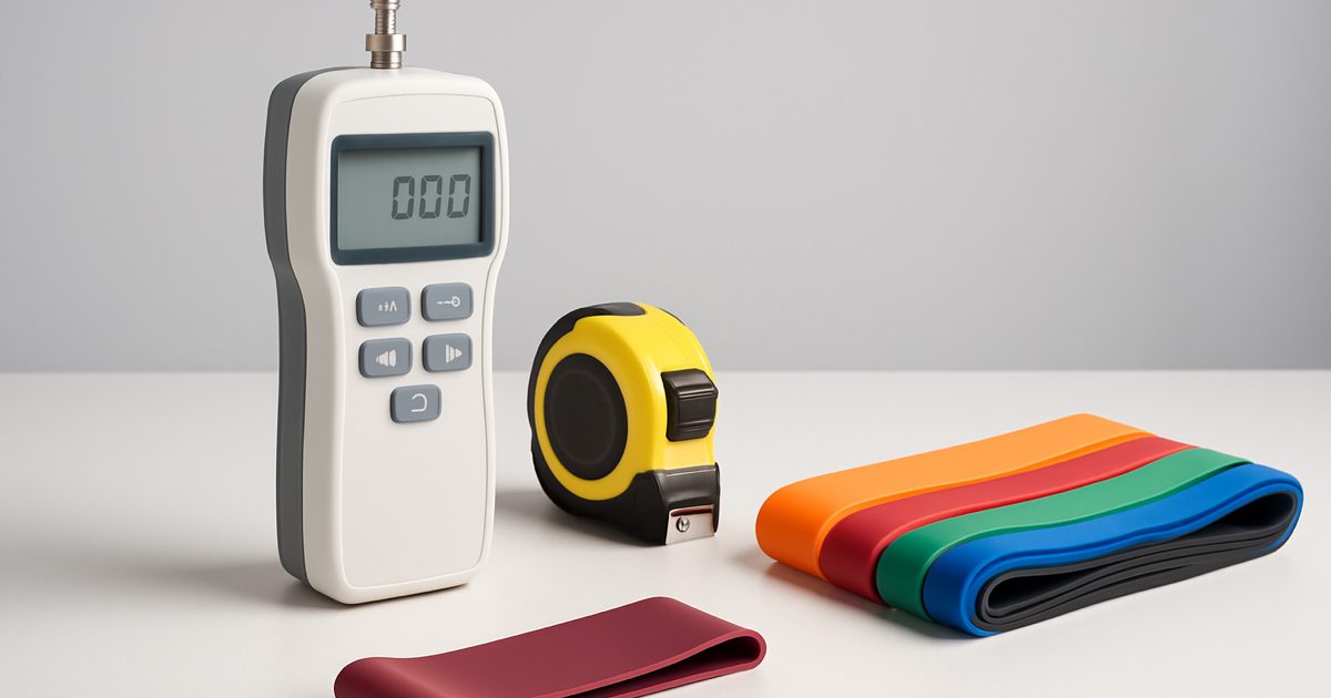 Measuring resistance band weight in lbs with a digital force gauge in a manufacturer QC lab