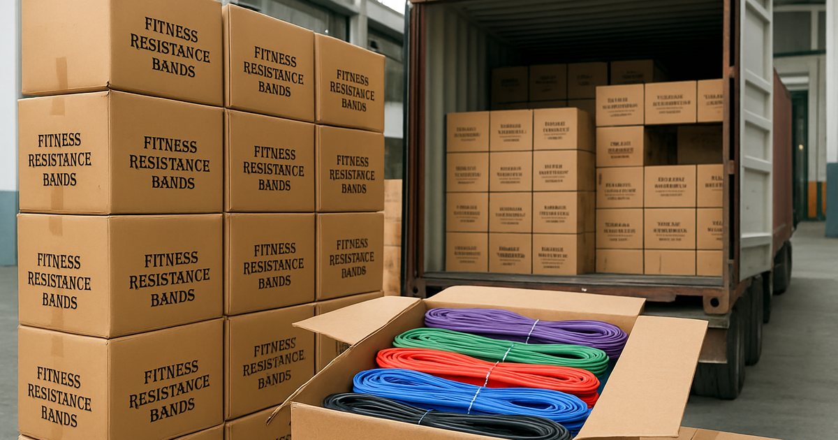 Export cartons of TPE resistance bands loaded in a shipping container at a Ningbo factory
