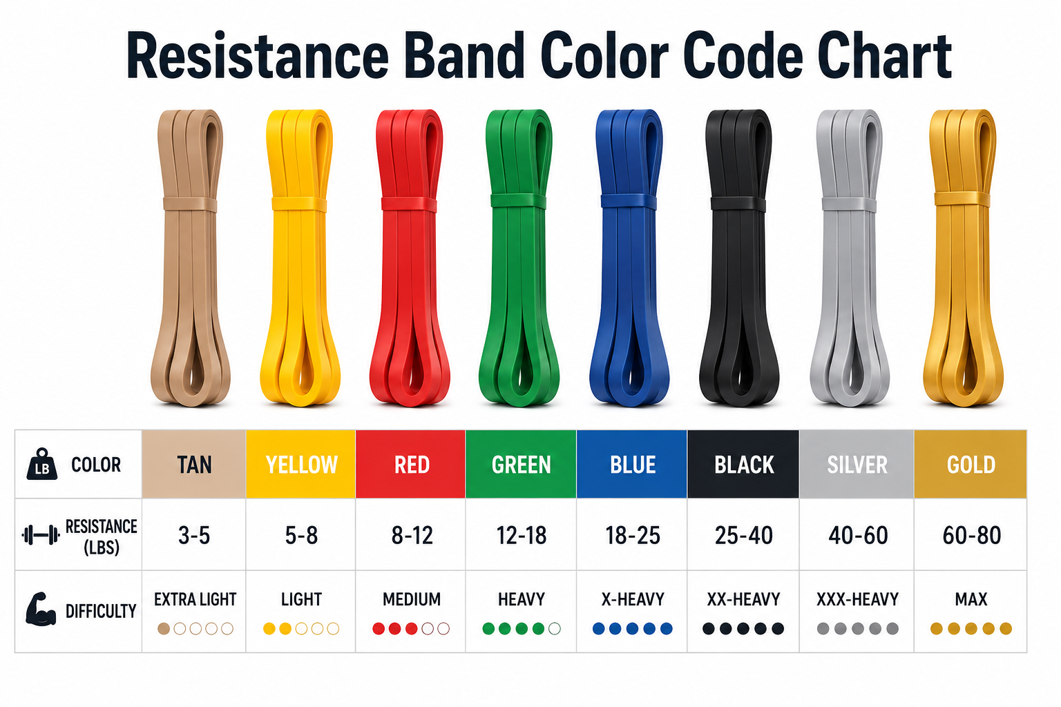 Resistance band color code chart showing 8 colors from tan (lightest) to gold (heaviest) with resistance levels in lbs