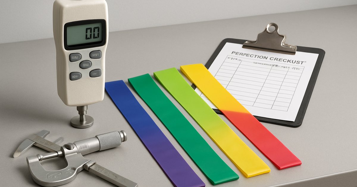 Quality control bench with digital force gauge, micrometer and TPE resistance bands during pre-shipment inspection