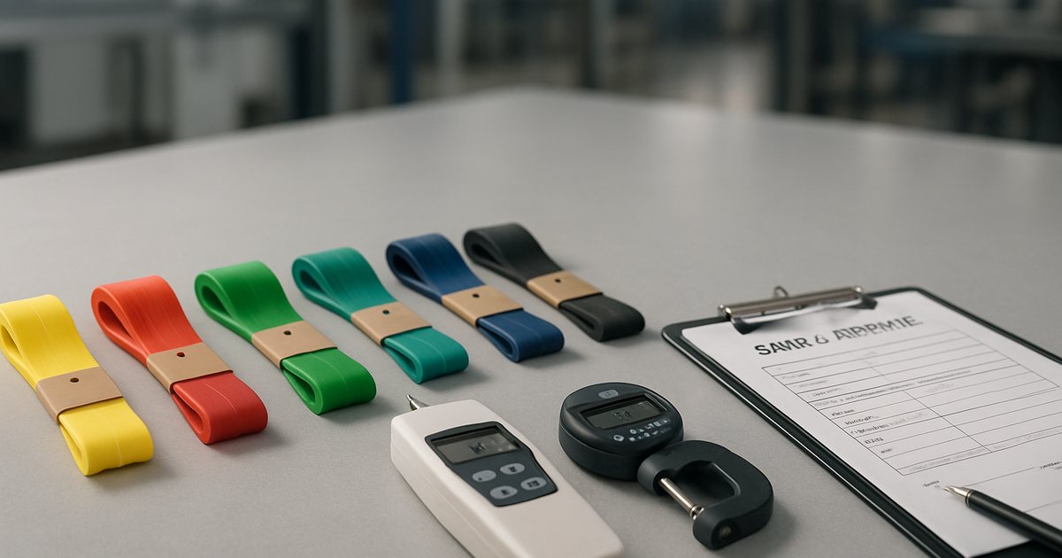 Resistance band samples in five colours with sample tags, digital force gauge and micrometer on a factory QC bench