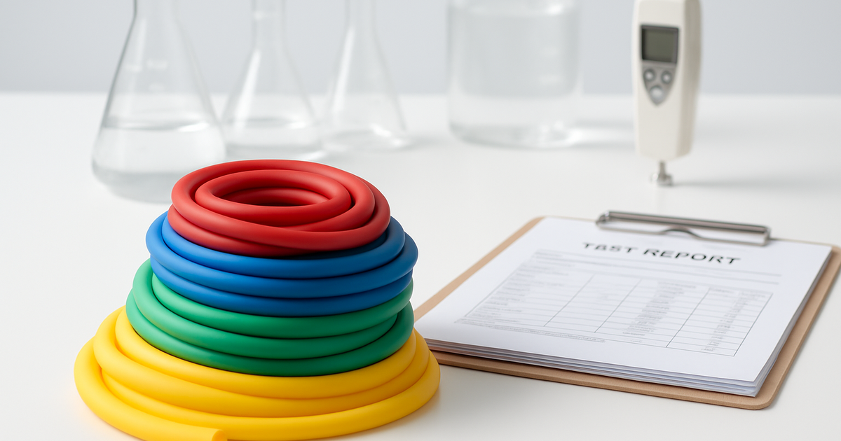 TPE resistance bands beside laboratory test reports and a force gauge on a quality control bench