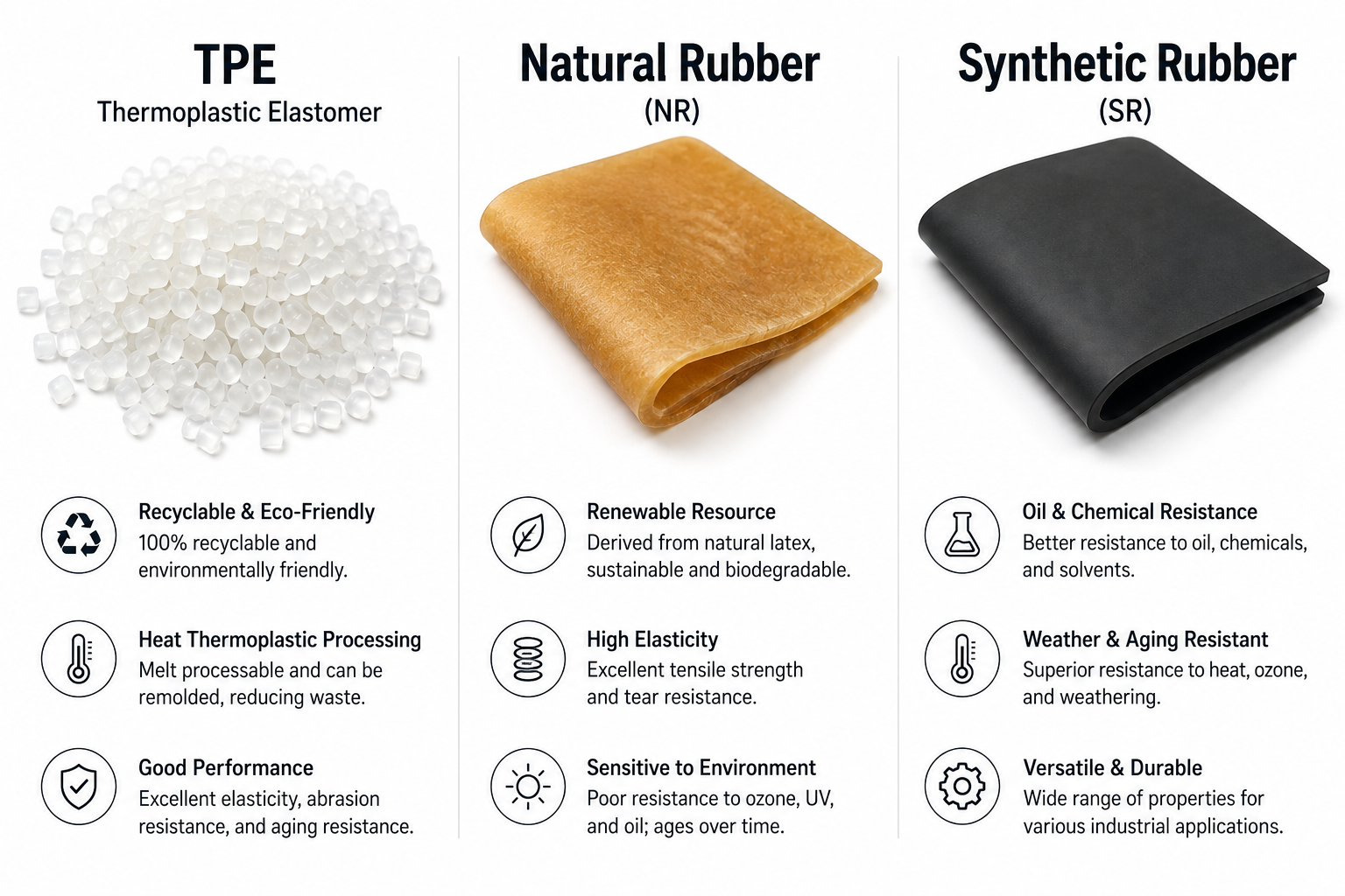 TPE pellets vs natural rubber vs synthetic rubber — material comparison