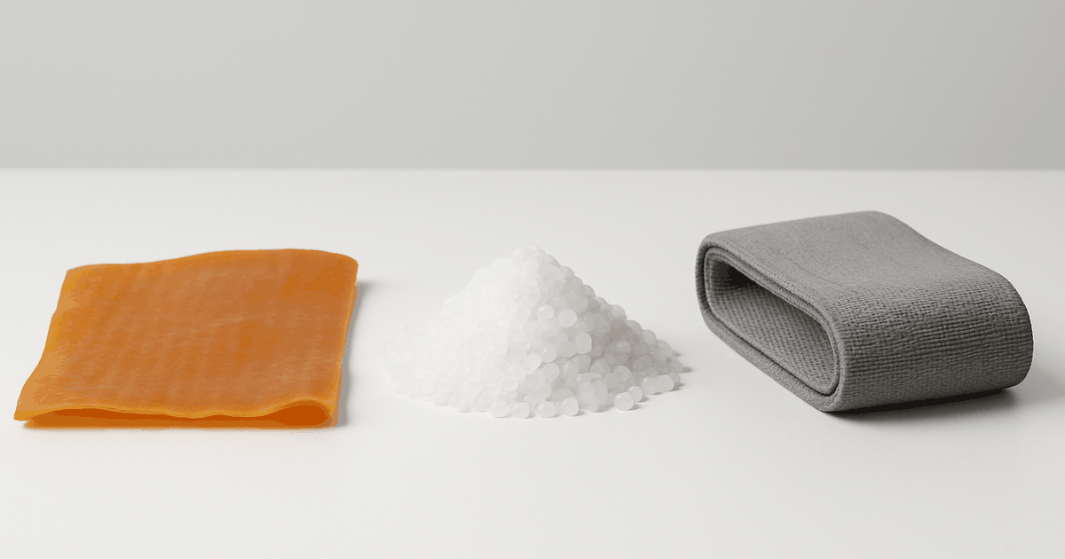 Resistance band raw materials compared: natural rubber latex sheet, TPE polymer pellets and fabric hip band