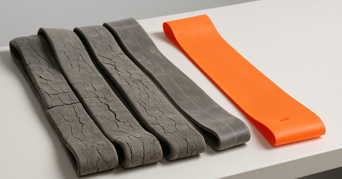 Resistance band failure test showing surface cracking and tear propagation in a manufacturer lab